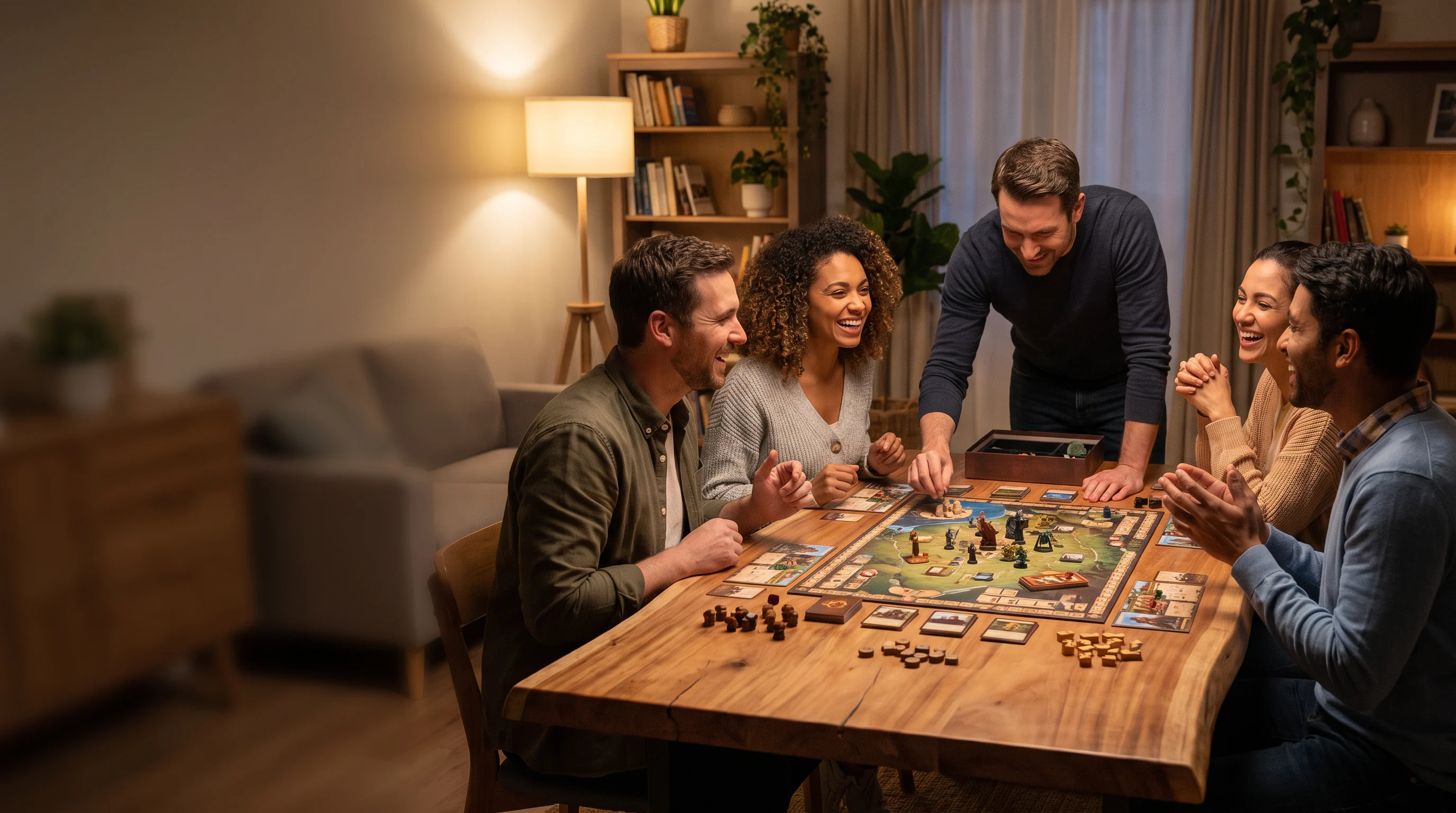 Friends gathered around a tabletop game at an inviting table