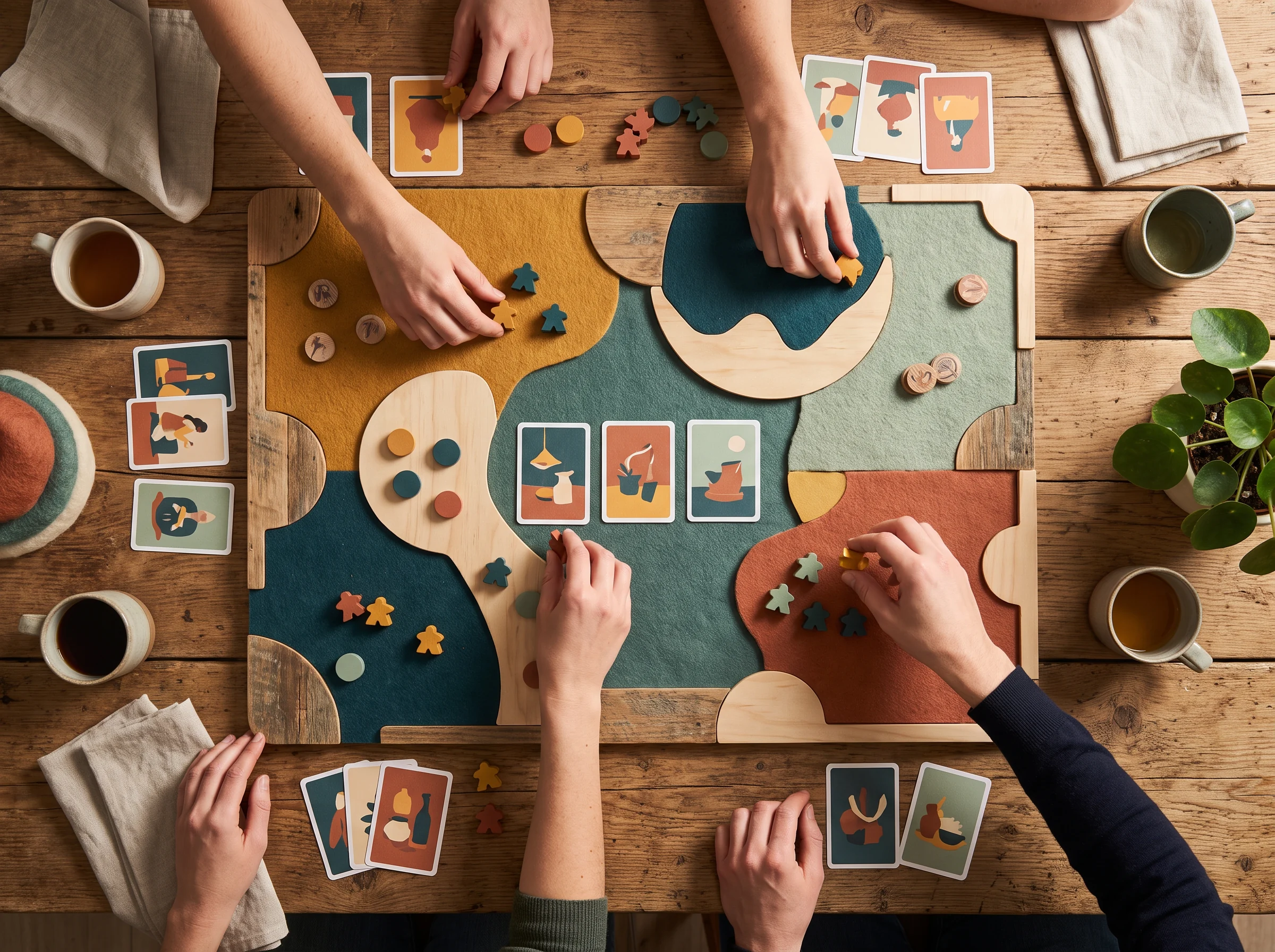 Top-down view of a colorful tabletop game in play