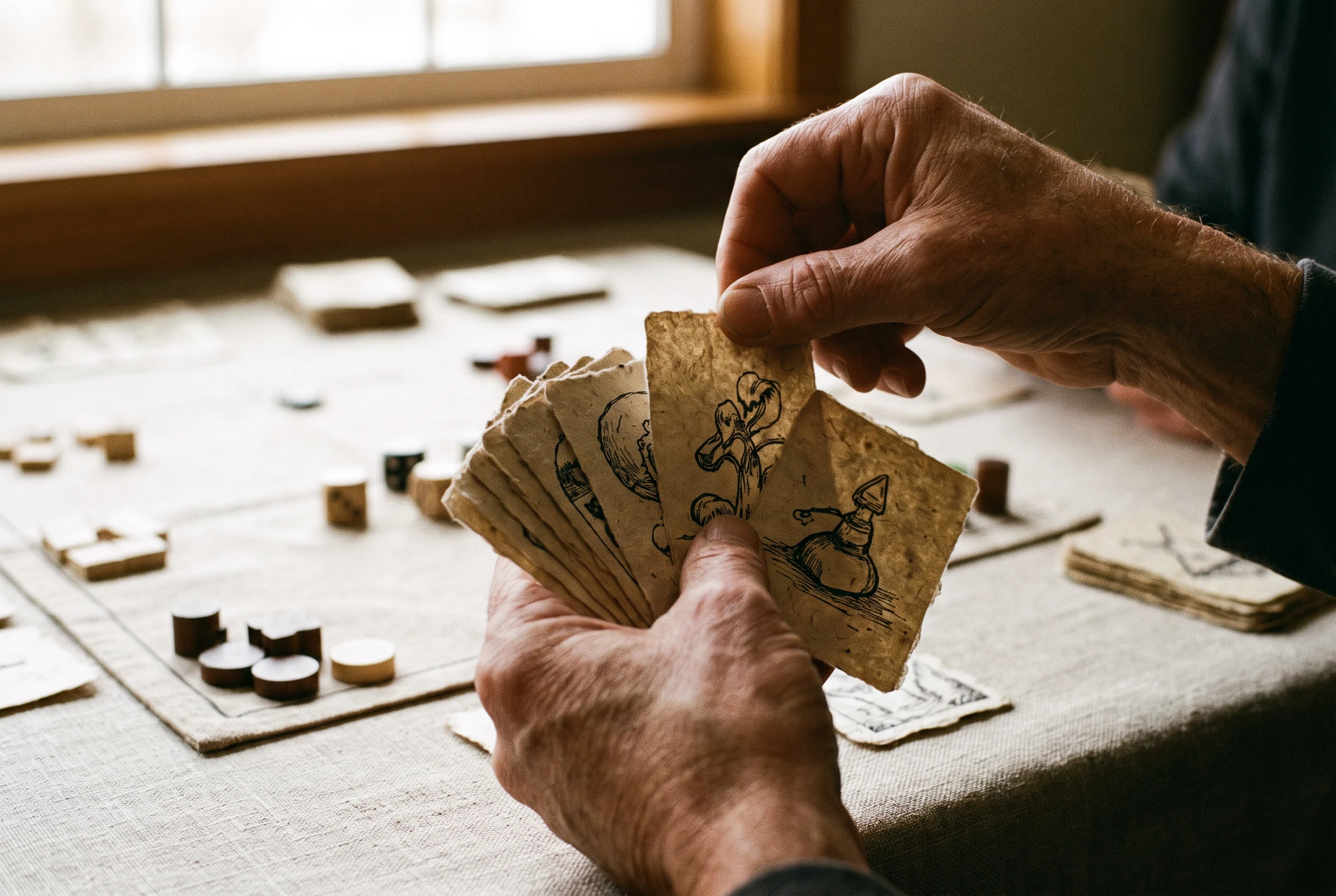 Hands choosing a card during a tabletop game
