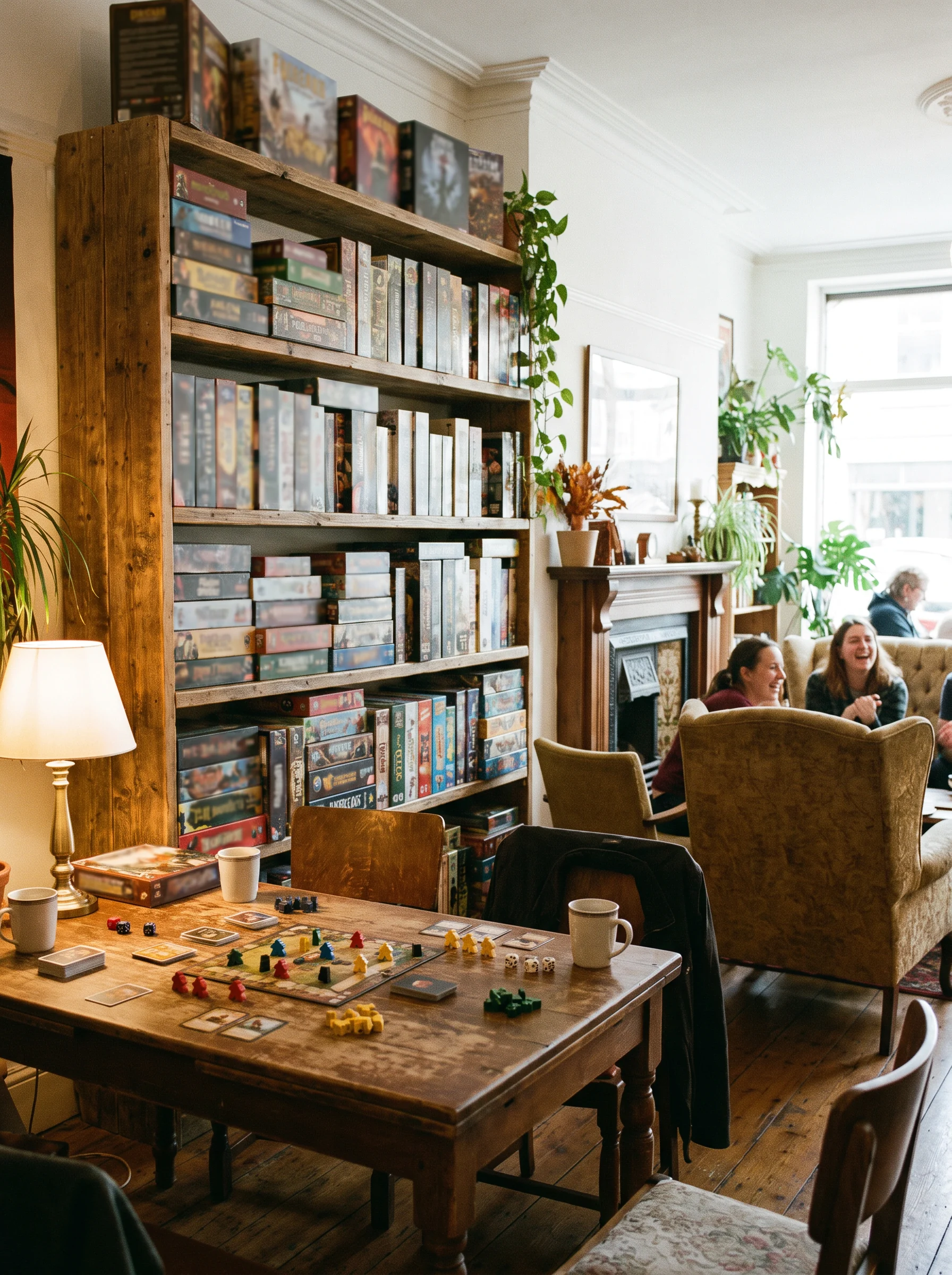 A warm board game shelf in a community setting