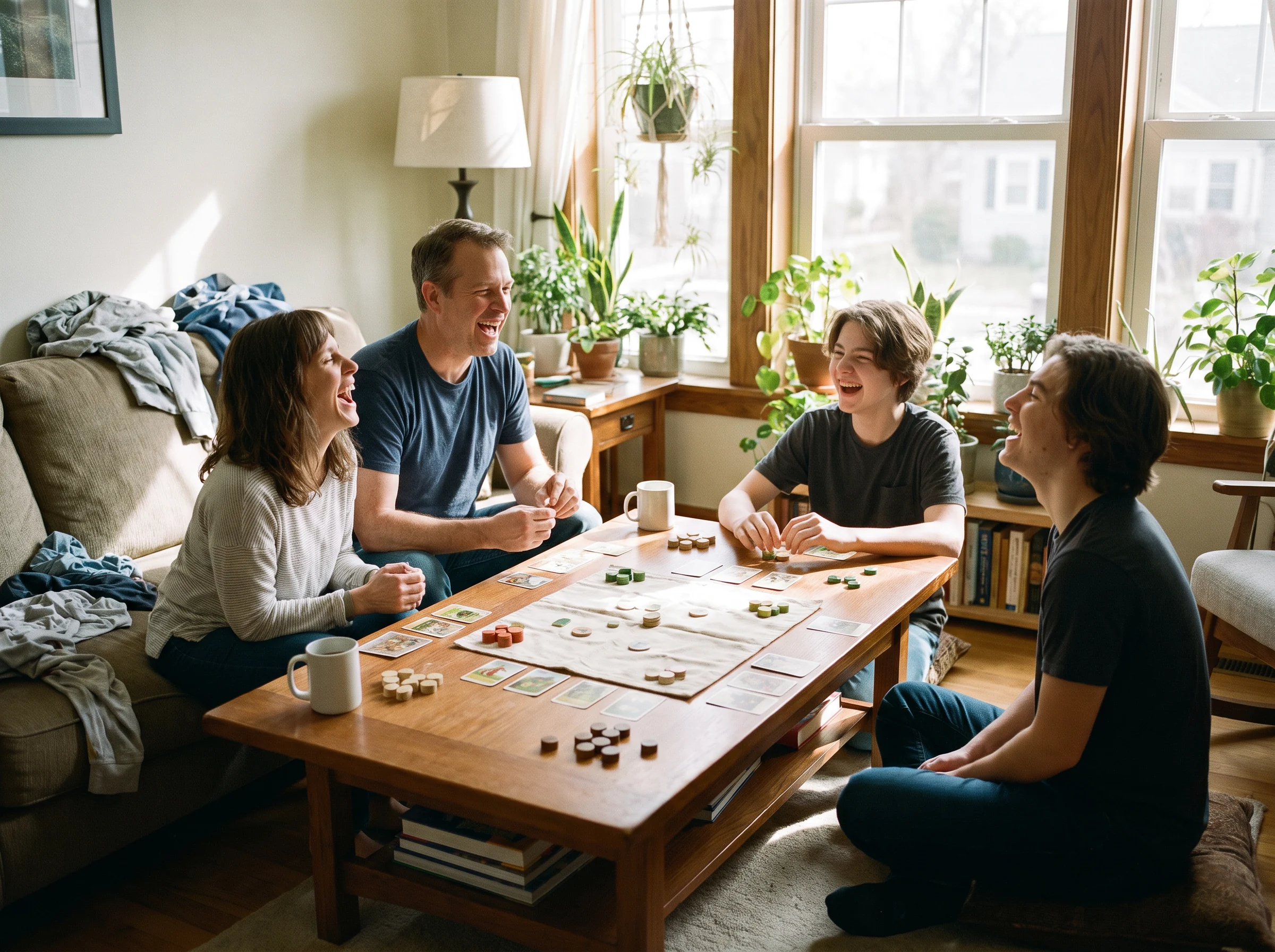 Family enjoying a cooperative tabletop game