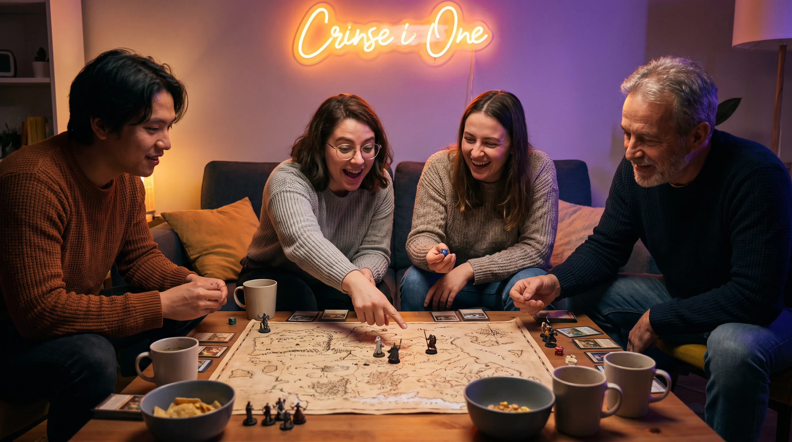 Friends discussing a strategy game during a warm evening