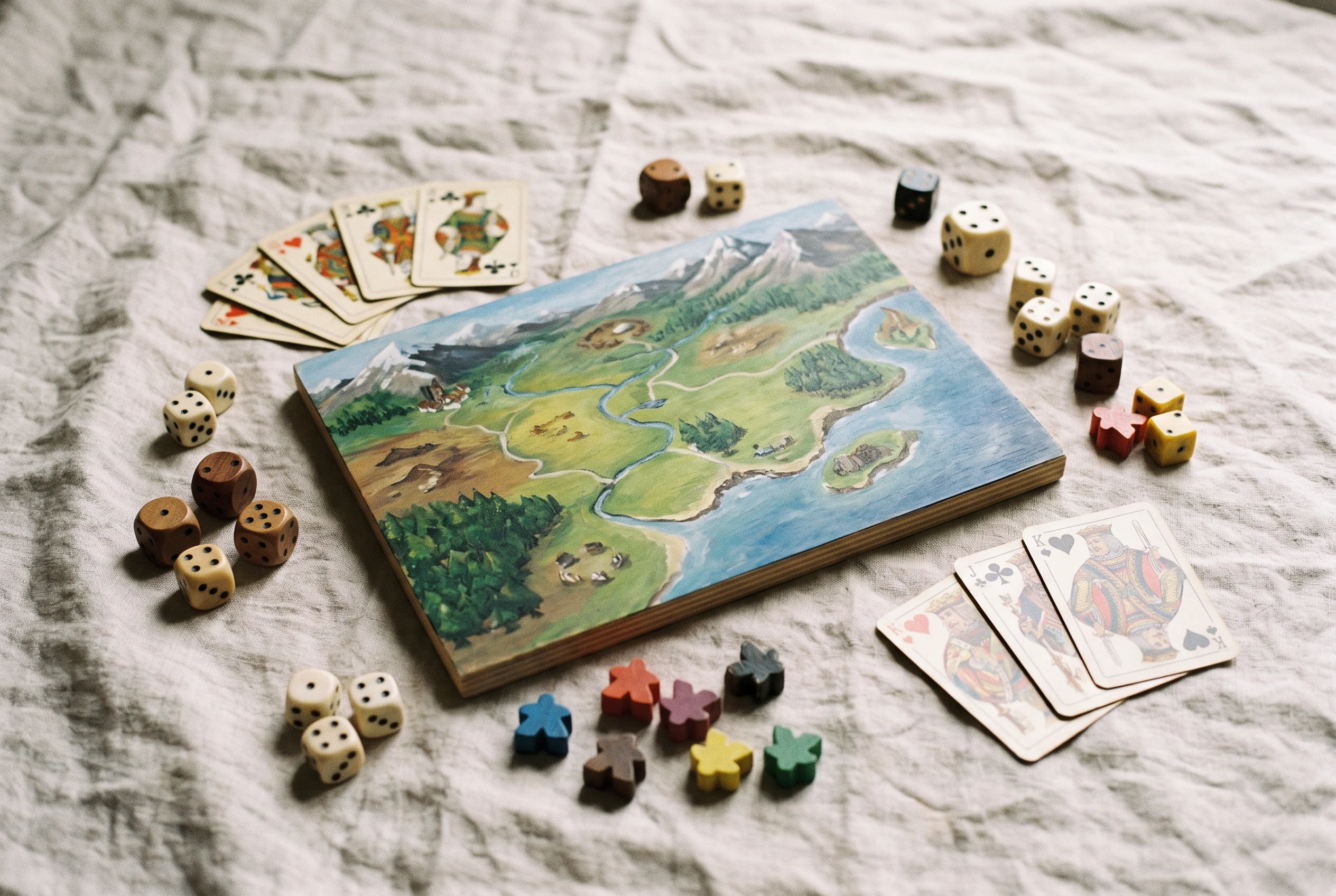Tactile tabletop game pieces arranged on linen